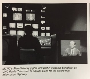 News paper cutout of MCNC's Alan Blatecky in special broadcasts on UNC Public TV to discuss plans for the state's new Information Highway
